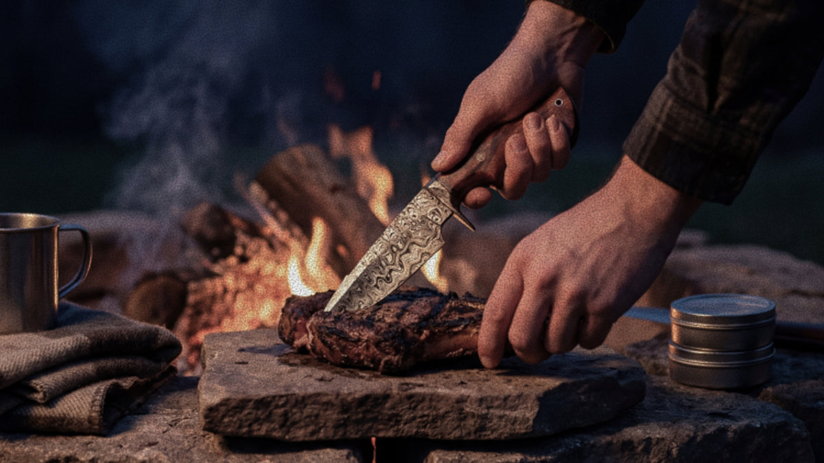 Cutting meat over a campfire with a Damascus knife, a mug and a tin beside the stone