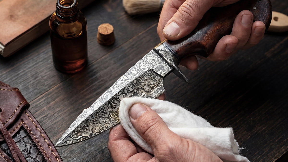 Wiping a Damascus blade with a white cloth at a workbench, beside a bottle of oil and a leather sheath