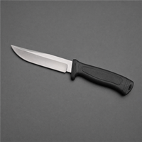 A plain mass-produced stainless hunting knife with a moulded plastic handle